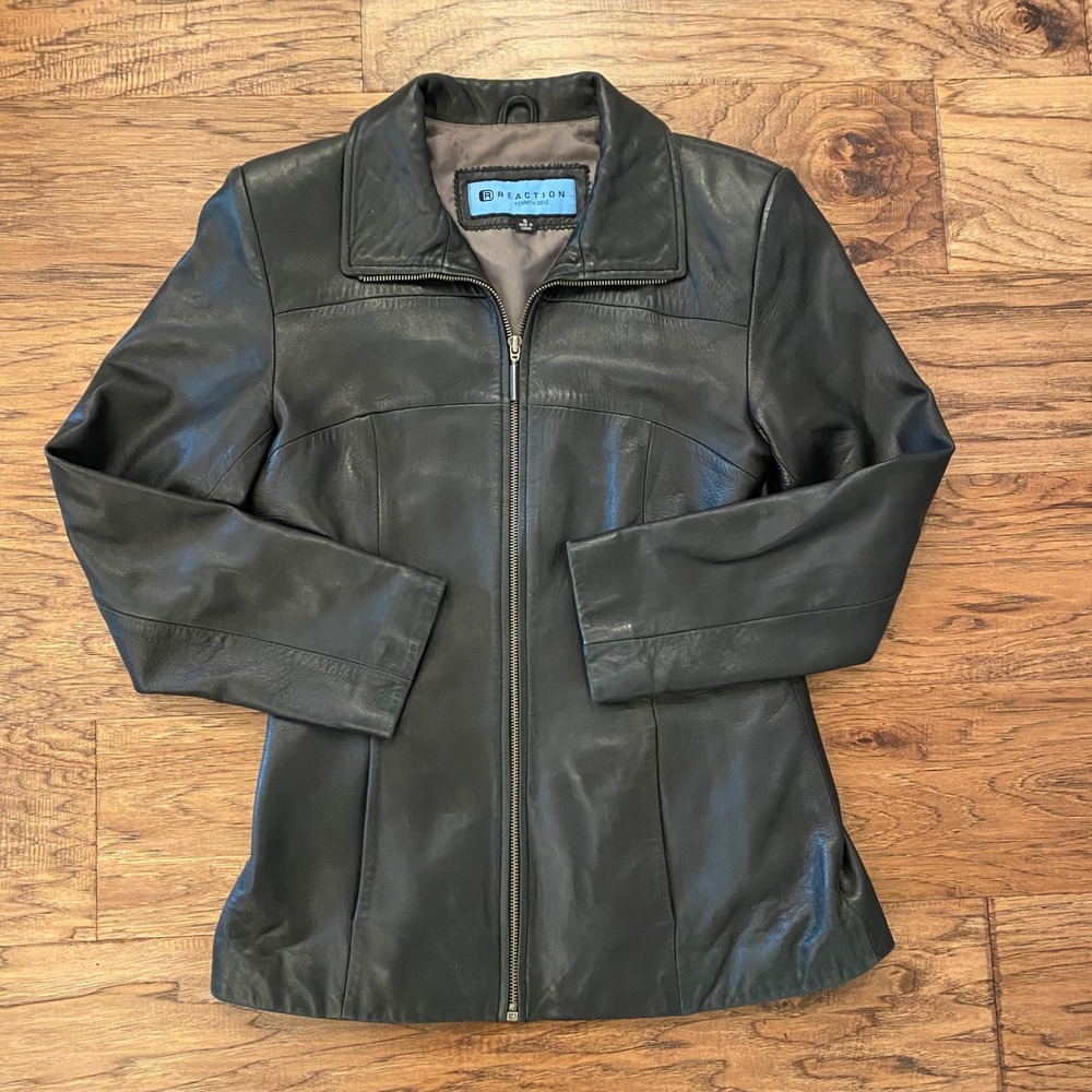 Kenneth Cole Reaction Womens Black Leather Full Zip Jacket Small Tailored Fit